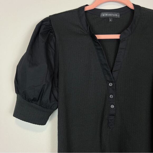 Gibsonlook Mixed Media Henley Top‎ With Puff Sleeves Black Size Small - Picture 6 of 12